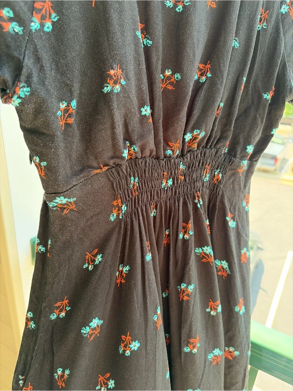 🦋✨Free People Black Floral Mini Dress Boho Babydoll 100% Viscose V Tie Size XS
